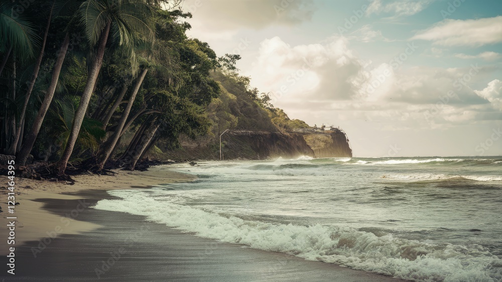 Poster Serene coastal scene with gentle waves lapping the sandy shore palm trees on the left under soft sunlight creating a tranquil tropical atmosphere
