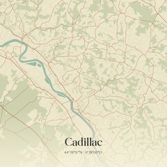 Retro map of Cadillac, Nouvelle-Aquitaine, France. Vintage street map.