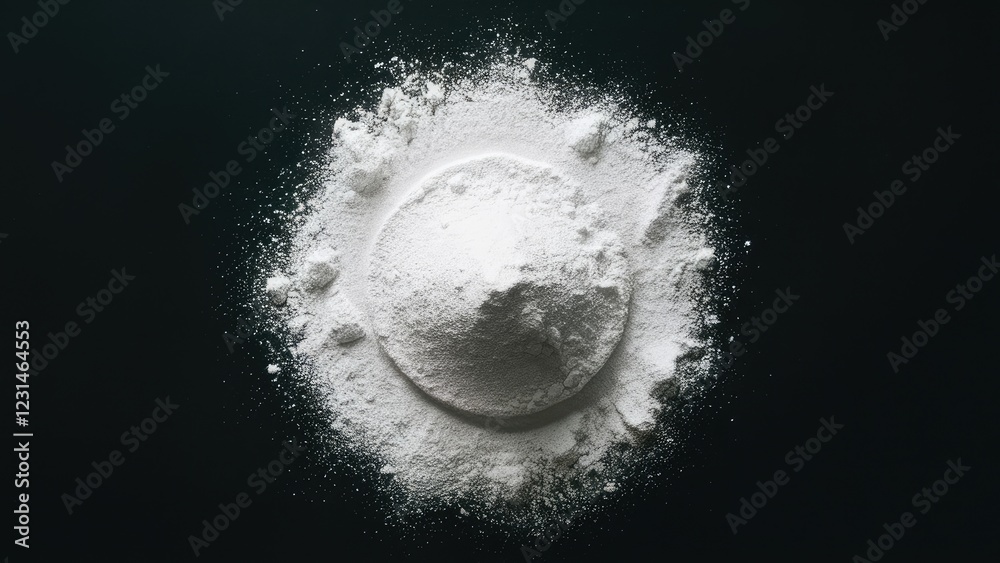 Aufkleber White powder mound on a dark background with a smooth circular peak and scattered fine particles, creating a striking contrast in texture and depth.