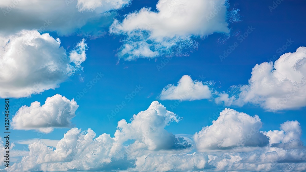Poster serene sky with fluffy white clouds scattered across a vibrant blue background, creating a peaceful 