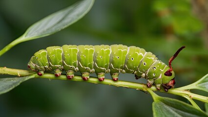 Close-up of a vibrant green boxwood caterpillar on a leafy branch with smooth texture and subtle details, showcasing its distinct patterns and shapes.