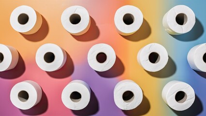 Top view of white toilet paper rolls arranged in grid on gradient pink and orange vibrant background with shadows creating depth