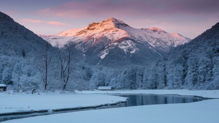 Obraz premium Alpine landscape at dawn with snow-covered mountains and trees reflecting in tranquil river under soft pink and orange sky hues