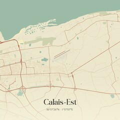 Retro map of Calais-Est, Hauts-de-France, France. Vintage street map.