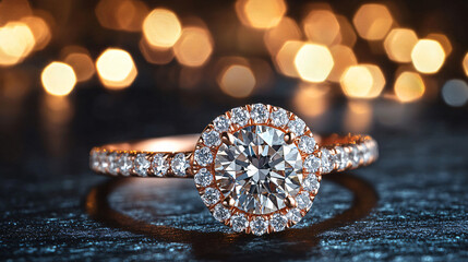 Fototapeta premium A luxurious wedding ring with a rose gold band and a cluster of diamonds, set against a dark background with ample copy space for text or design.