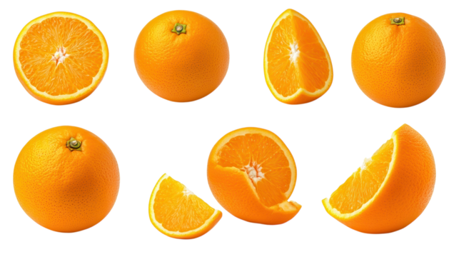 Fresh oranges displayed in various cut forms on a white background showcasing vibrant color and freshness