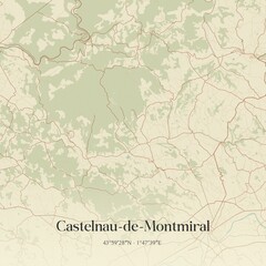 Fototapeta premium Retro map of Castelnau-de-Montmiral, Occitanie, France. Vintage street map.