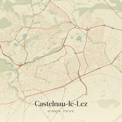 Retro map of Castelnau-le-Lez, Occitanie, France. Vintage street map.