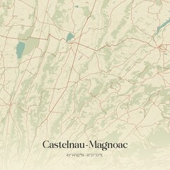 Fototapeta premium Retro map of Castelnau-Magnoac, Occitanie, France. Vintage street map.