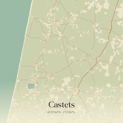 Retro map of Castets, Nouvelle-Aquitaine, France. Vintage street map.