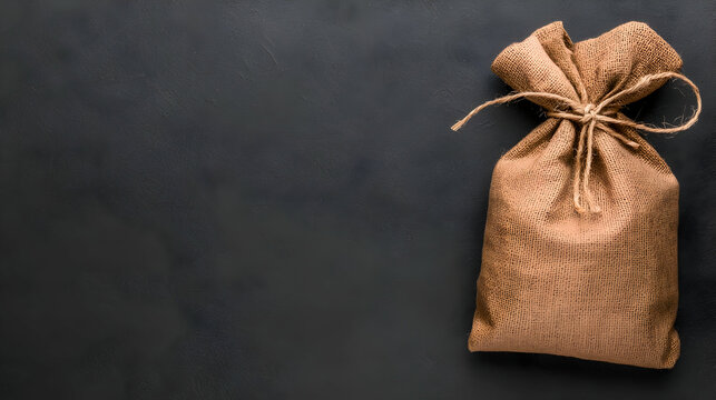 Rustic burlap sack, tied with twine, on dark background.  Use gift, present, packaging