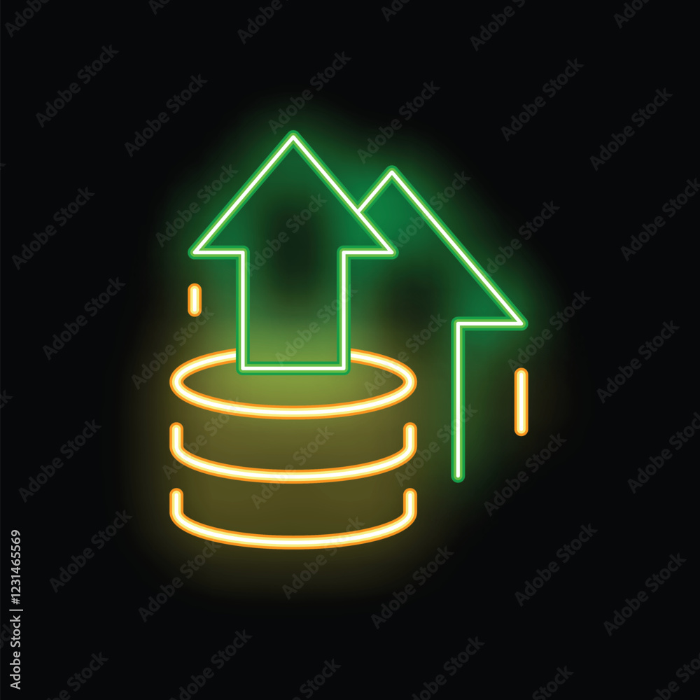 Poster glowing neon icon of data transferring uploading to database with green arrows over yellow disks on 