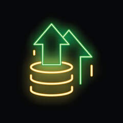 Glowing neon icon of data transferring uploading to database with green arrows over yellow disks on a black background