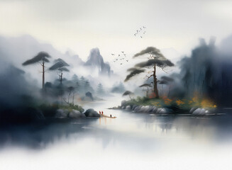 Serene watercolor landscape painting depicting a misty river flowing through a mountainous region, with tranquil pine trees lining the banks and a small boat on the water.