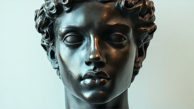 A classical bronze sculpture head, intricately crafted, displayed on a white background, emphasizing its timeless appeal 