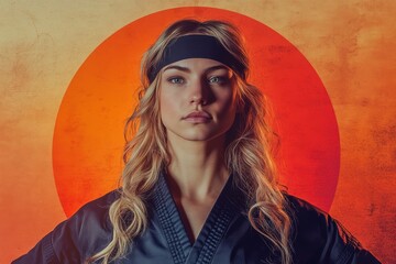 A focused martial artist stands boldly with a vibrant sun backdrop, symbolizing strength and resilience in karate practice.