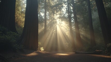 Obraz premium Sunlight streams through a redwood forest creating a mystical scene