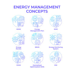 Energy management blue gradient concept icons. Power consumption. Control, tracking. Monitoring systems. Icon pack. Vector images. Round shape illustrations for infographic. Abstract idea
