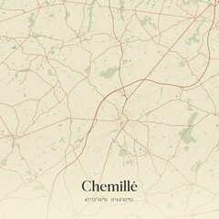 Retro map of Chemill�, Pays de la Loire, France. Vintage street map.