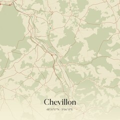 Fototapeta premium Retro map of Chevillon, Grand Est, France. Vintage street map.