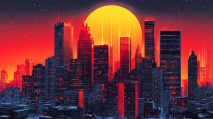 Fototapeta premium Retrofuturistic cityscape at sunset with a large, radiant sun