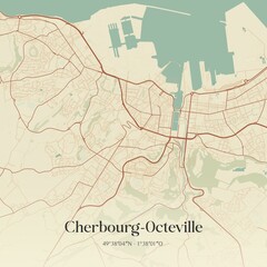 Retro map of Cherbourg-Octeville, Normandie, France. Vintage street map.