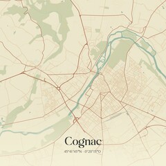 Retro map of Cognac, Nouvelle-Aquitaine, France. Vintage street map.