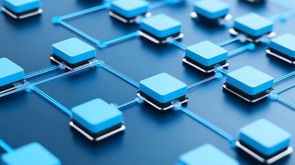 Linked blue boxes, connection network, data flow