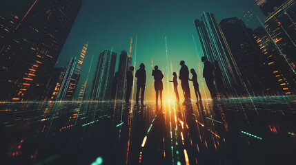 Abstract business man stands on Smart digital Innovation city with connection network reciprocity over the twilight cityscape. of future wireless digital city and social media networking systems