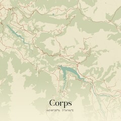 Fototapeta premium Retro map of Corps, Auvergne-Rh�ne-Alpes, France. Vintage street map.