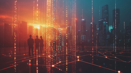 Abstract business man stands on Smart digital Innovation city with connection network reciprocity over the twilight cityscape. of future wireless digital city and social media networking systems