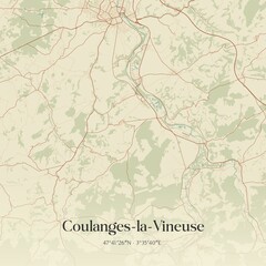 Retro map of Coulanges-la-Vineuse, Bourgogne-Franche-Comt�, France. Vintage street map.