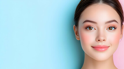 Obraz premium Woman's face, pastel background, beauty, skincare