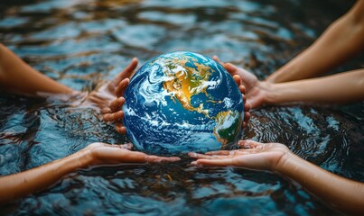 Group of people holding hands around a globe submerged in water, highlighting global cooperation for water conservation, World Water Day concept, Generative AI