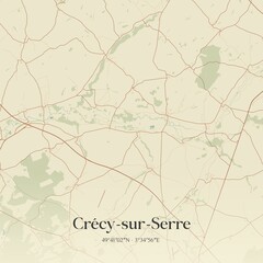 Retro map of Cr�cy-sur-Serre, Hauts-de-France, France. Vintage street map.