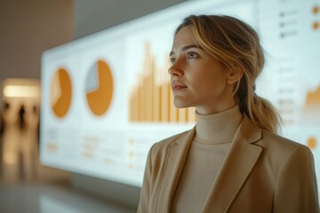 A young businesswoman thoughtfully observes data visualizations displayed on a large screen, considering business strategies and insights.