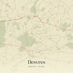 Retro map of Desvres, Hauts-de-France, France. Vintage street map.