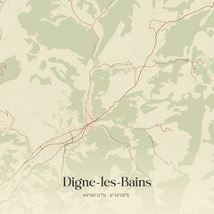 Retro map of Digne-les-Bains, Provence-Alpes-C�te d'Azur, France. Vintage street map.
