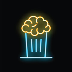Glowing neon sign of a popcorn bucket on a black background