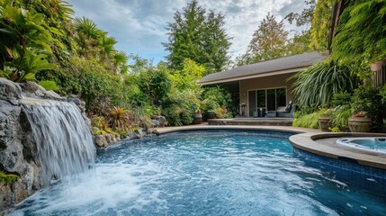 Backyard pool, spa, waterfall, lush garden, home