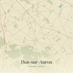 Retro map of Dun-sur-Auron, Centre-Val de Loire, France. Vintage street map.