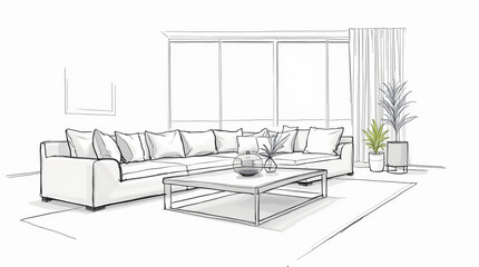 Sketch modern living room interior design with sofa coffee table and decor on white background.