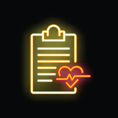 Glowing neon icon of clipboard showing medical test results with heartbeat symbol, on black background