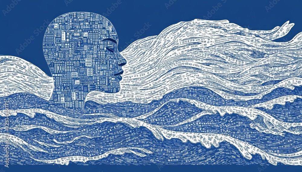 Poster artificial intelligence. human head circuit board, binary code, blue data stream background.