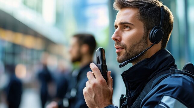 Security officer leading a team while using walkie-talkies to communicate during an emergency drill.