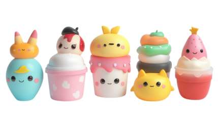 Cute and colorful character-shaped squishies lined up on a display with playful designs and cheerful expressions