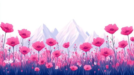 Pink Poppies Blooming in a Field Before Misty Mountains
