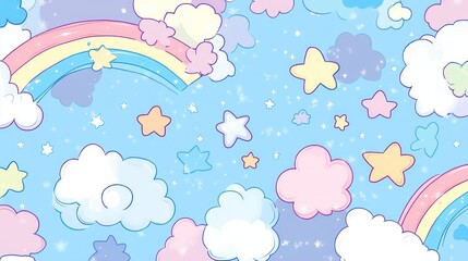 Pastel Rainbow Sky with Clouds and Stars: A Dreamy Fantasy Illustration