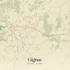 Retro map of Gignac, Occitanie, France. Vintage street map.