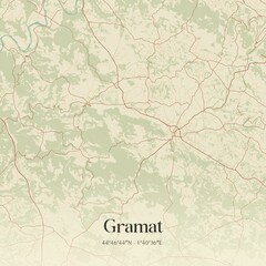 Retro map of Gramat, Occitanie, France. Vintage street map.